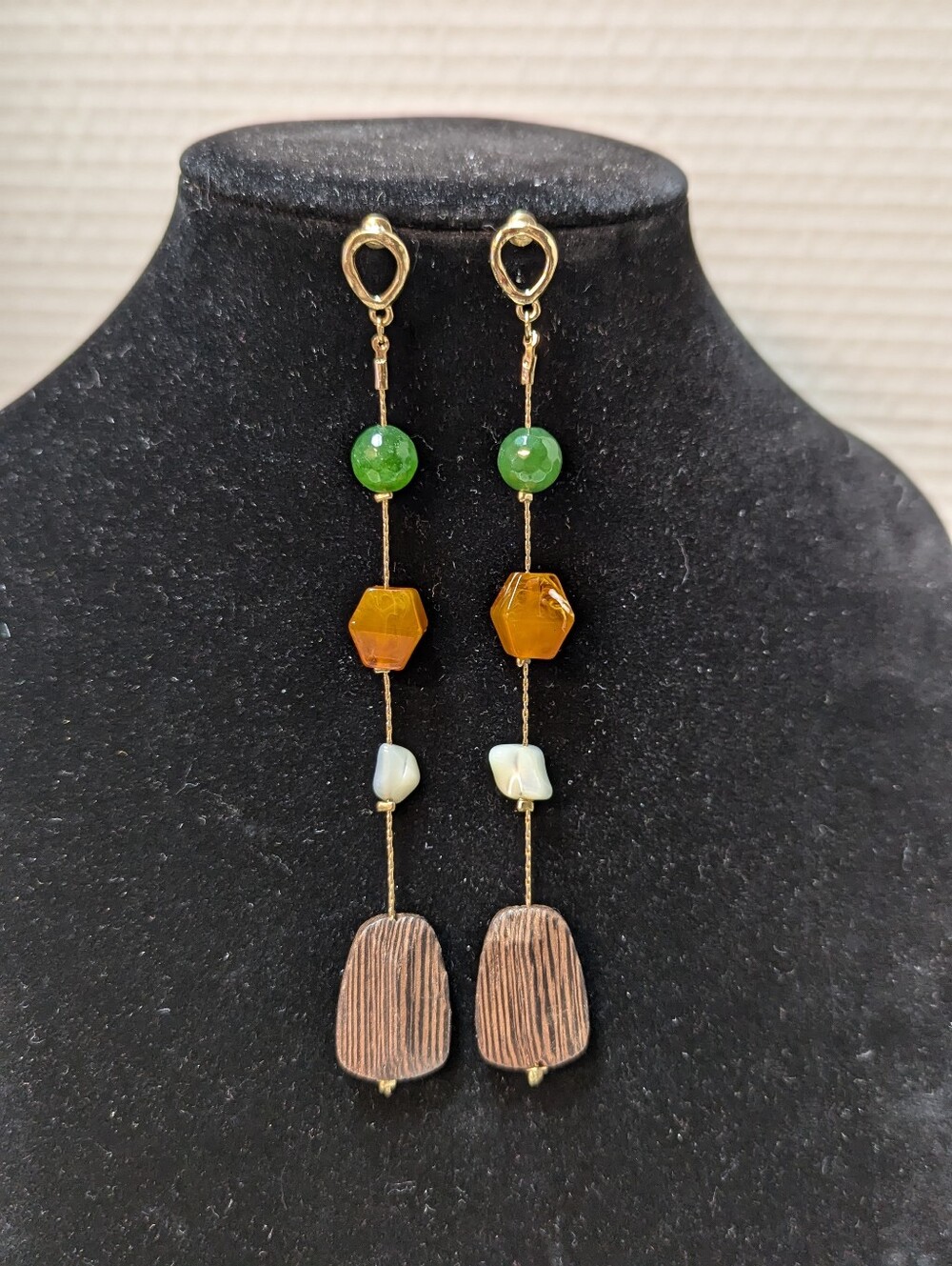Artisan Gold Drop Earrings with Green, Amber and Brown Accents